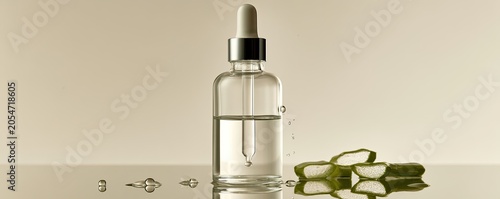 Clear serum in glass dropper bottle with aloe vera slices on reflective surface
