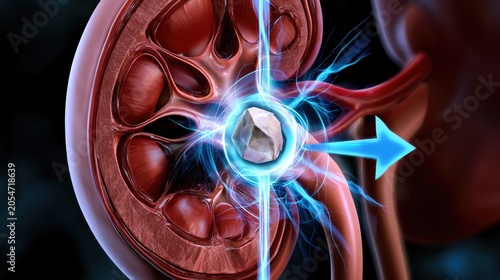 Illustrative cross-section of a kidney with a stone being zapped by focused energy