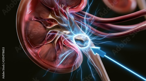 Futuristic medical graphic of kidney illuminated by blue energy pulse