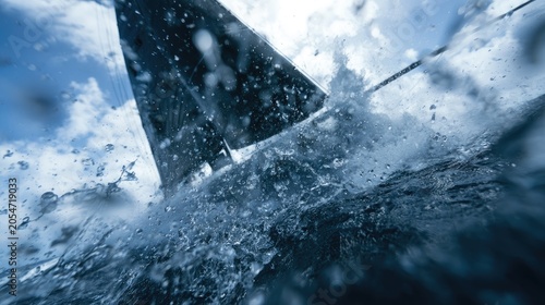 Dynamic close-up of a sailing boat cutting through turbulent, splashing ocean waves