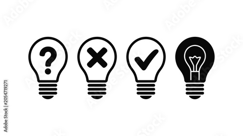 Cuadro en lienzo Light bulb symbol set with question mark, checkmark, and idea elements in black and white, vector illustration for problem solving themes