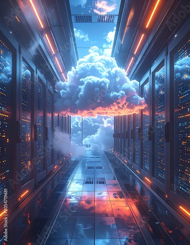 A futuristic data center with cloudy sky and sunset