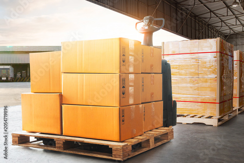 Goods awaiting loading into containers trucks. bulk of package boxes shipment. cartons, cardBoard boxes stacked on pallets. distribution warehouse shipping, cargo shipment. freight transportation	