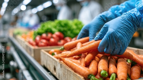 Blue-gloved hands sort fresh carrots on a conveyor belt in a food processing facility