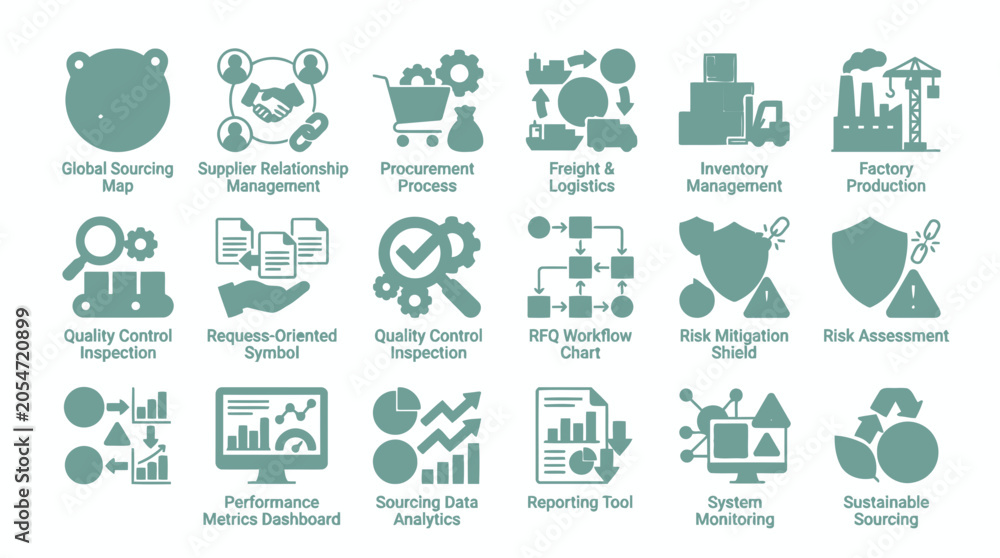 Fototapeta premium Supply chain management and quality control vector icon collection for global logistics process.