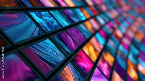Rows of glowing abstract art screens, vibrant colors, digital display