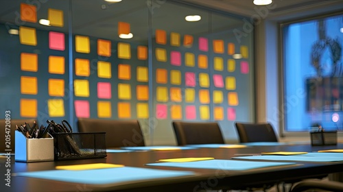 Meeting room with colorful sticky notes on glass wall, chairs, table