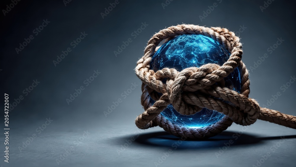 Fototapeta premium Glowing Earth Globe Bound by Rope Representing Modern Business Trends
