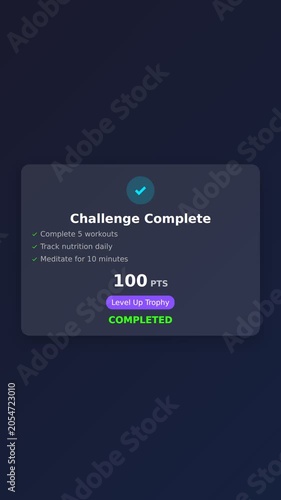 Challenge Complete achievement results card with checkmark medal icon and score counter on vibrant gradient background. Minimal flat design clean typography motion graphics animation. 