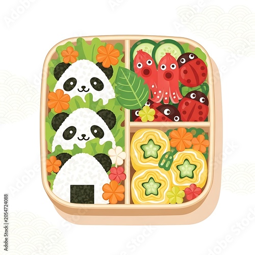 Colorful cartoon lunchbox with assorted fruits and vegetables.