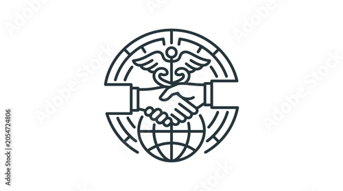 Medical partnership icon showing global cooperation handshake and caduceus.