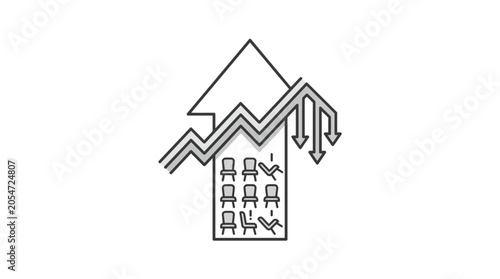 Foto Stock market volatility icon with city and fluctuating arrows.