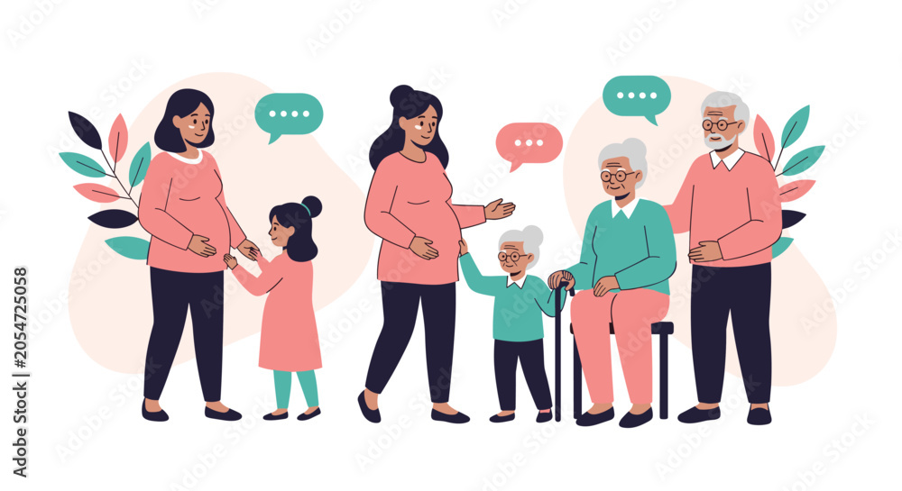 Fototapeta premium Conceptual illustration of family life stages showing motherhood, young children, and aging grandparents in soft colors.