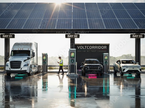 Modern Solar Powered Electric Vehicle EV Charging Station Canopy on Highway at Night