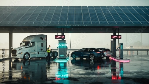 Modern Solar Powered Electric Vehicle EV Charging Station Canopy on Highway at Night