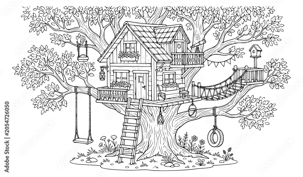 Obraz premium Tree House Line Art Coloring Page Fun Nature Adventure Vector Illustration