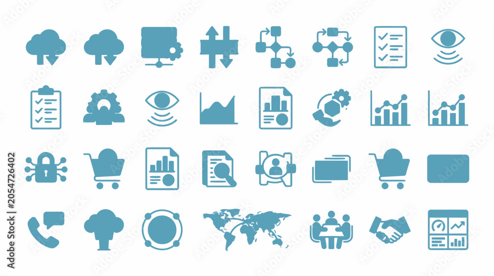 Fototapeta premium Information technology and management infrastructure vector icon collection for corporate data systems.