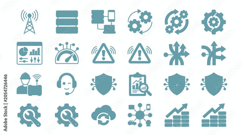Fototapeta premium System administration and infrastructure status reporting icon collection for corporate management.