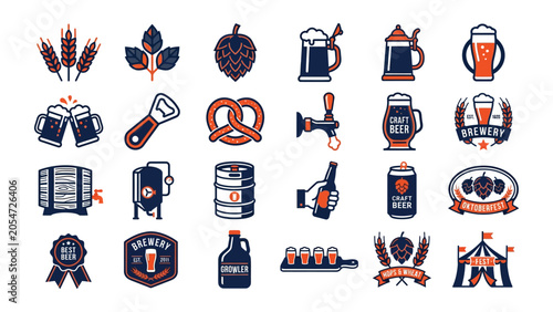 Set of craft beer and brewery icons featuring hops mugs barrels and festival elements in a flat minimalist graphic style
