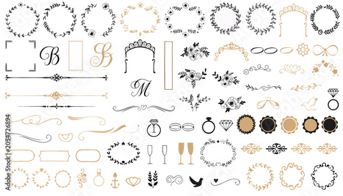 Cuadro en lienzo Elegant Gold and Black Wedding Calligraphy Flourishes and Ornaments