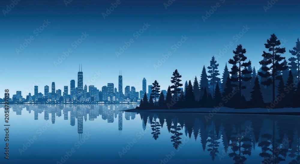 Fototapeta premium Blue city skyline reflecting in water near pine forest.