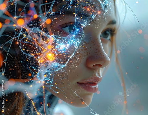 A young girl's face with glowing blue and orange digital network