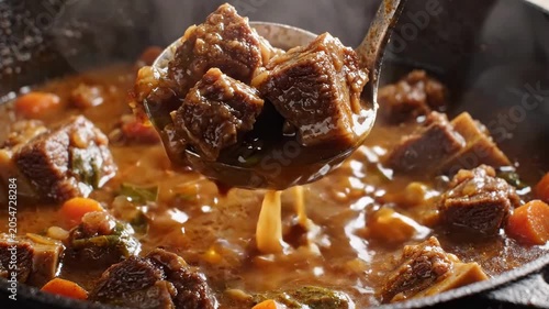 Hearty beef stew simmering in a cast iron pot with carrots and herbs