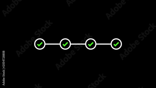 4 step infographic process with check mark icon animation. Animated Timeline Infographic Showing Step-by-Step Process success with check marks. Looping progress checkpoints.4k quality animation video