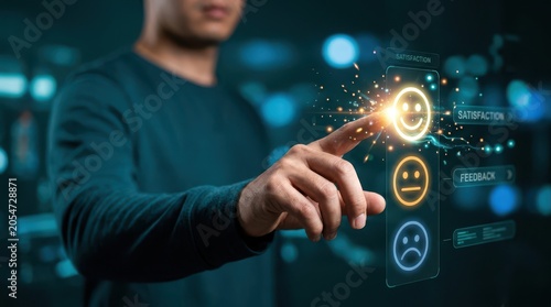 Customer satisfaction survey concept with a man touching a smiling face icon on a digital screen