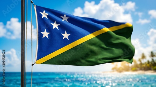 Solomon Islands flag waving on flagpole with tropical beach ocean background under bright blue sky