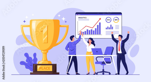 Foto People celebrating with a trophy and graph on a screen in office