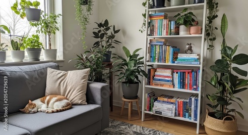 Bright modern living room with sleeping cat and many plants.