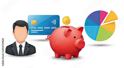 Business finance concept with businessman piggy bank and chart.