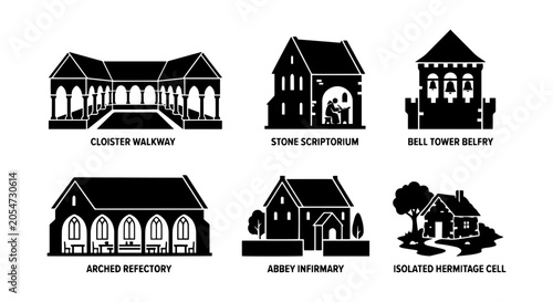 Tableau sur toile Monastic Architecture Icons: Cloister, Belfry, Scriptoium, Refectory, Infirmary,