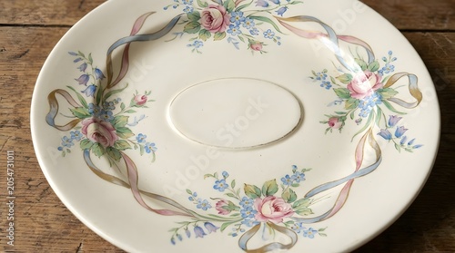 Vintage floral plate with rose pattern and delicate blue flowers on wooden table top view.