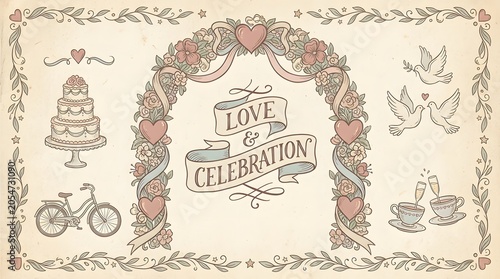 Vintage floral wedding arch with hearts ribbon and celebration text in elegant design.