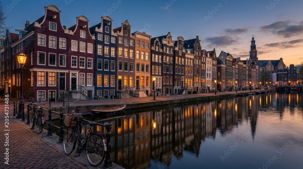 Obraz premium Traditional old Dutch medieval houses along a canal in Amsterdam, Netherlands.