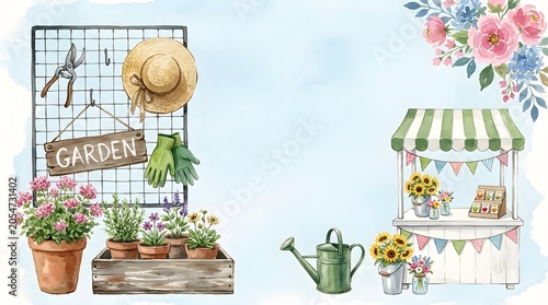 Garden themed background with flowers, plants, watering can and stall.