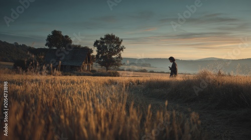 Person standing in a field near a cabin at sunrise with golden light and distant hills in the background