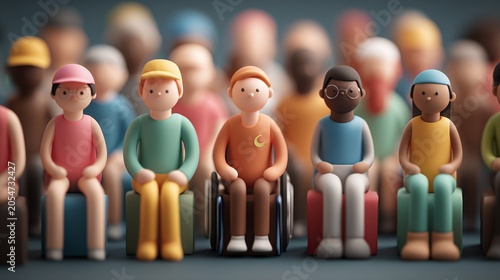 Diverse group of colorful figures sitting together in an artsy setting during a gathering of friends and community