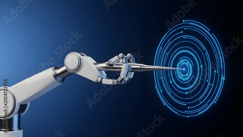 Robotic arm interacts with futuristic blue circular interface technology