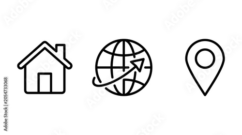 line icons of house globe and map pin.