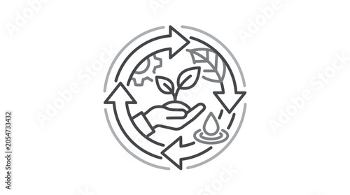 Foto Hands nurturing plant with circular recycling symbol icon.