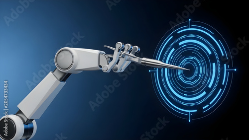 A robotic arm interacts with a futuristic blue target interface in a dark environment.