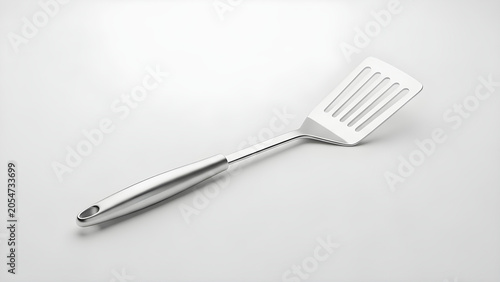 A shiny metal spatula lies on a smooth surface.