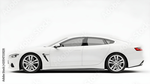 A sleek white sports car showcased in a studio setting with a clean background