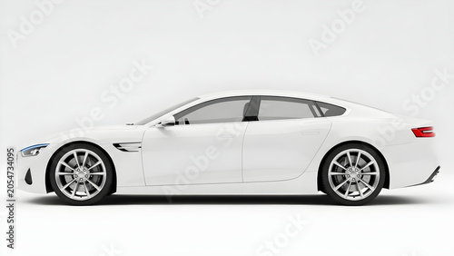 A sleek white sports car is parked on a clean surface in a studio.