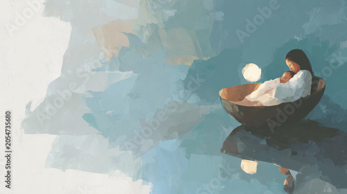 Oil painting of a mother and her sleeping baby in a cradle / ゆりかごの母親と眠る赤ちゃんの油彩イラスト