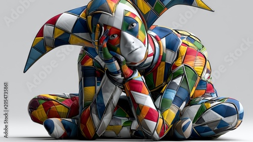 Vibrant harlequin character in multicolor suit.