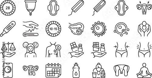 Foto Menstrual Cycle, Female Hygiene Products, and PMS Symptoms Vector Line Icons Set